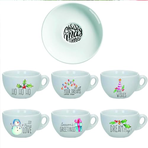 Christmas Time Set 6 Tazzine da Caffè + Piattini in Ceramica Personalizzate e Scatola Rossa a Tema Natalizio Idea Regalo Originale Natale Feste Cucina Prima Colazione Mattina Arredo Casa Tavola