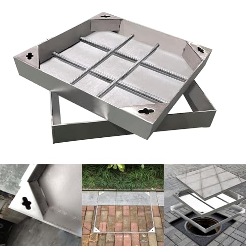 Coperchio per pozzetto di ispezione Invisibile in Acciaio Inox, pozzetto di Raccolta acque reflue Quadrato a Incasso con Base e Gancio per vialetto e marciapiede