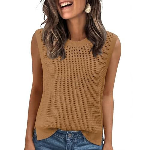 Totatuit Crochet Tank Tops for Women Summer Casual Crewneck Hollow Out Vest | Loose Sleeveless Eyelet Knit Sweater Vest