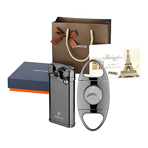 PIPITA Torch Lighter Gift Set , Windproof Single Torch Jet Metal Lighters Refillable Butane Gas Lighter and Cutter, Packing with Nice Gift Box (lighter+ cutter) Cover