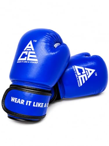 Image of ACE Genuine Leather Boxing Gloves | Adult Training Gloves for Sparring | Shock Absorbing Padding | Secure Wrist Strap | Punching Bag Workout | Blue | 8 oz