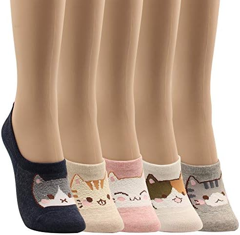 WOWFOOT Women Animal Design No-Show Casual Liner Socks Character Print Non Slip Flat Boat Line 4 Pair (5pairs-Funny Cats)