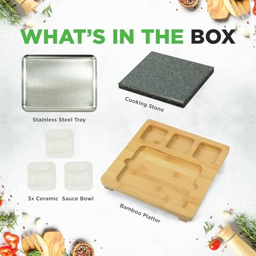 NutriChef Steak Stone Grill, Hot Stone Steak Set, with Bamboo Platter, Stainless Steel Tray, and Ceramic Sauce Bowls, Perfect for Indoor Outdoor Dining, Cooking, Parties and Gifts by NutriChef - Used condition - CA$47.52