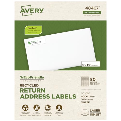 Image of Avery EcoFriendly Recycled Return Address Labels, 1 /2 inch x 1-3 /4 inch, White, Permanent Label Adhesive, 8,000 Printable Labels (48467)