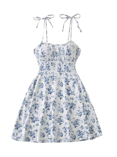 GORGLITTER Women's Floral A Line Flowy Cami Mini Dress Tie Shoulder Ruched Holiday Sundress Blue and White Large