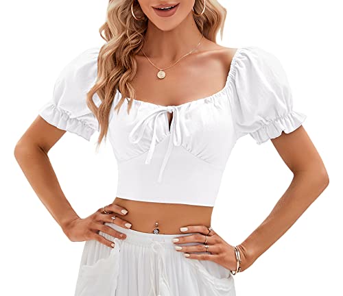 Womens Puff Short Sleeve Crop Tops Square Neck Ruched Front Bow Tie Shirts Cute Summer Vocation Beach Blouse