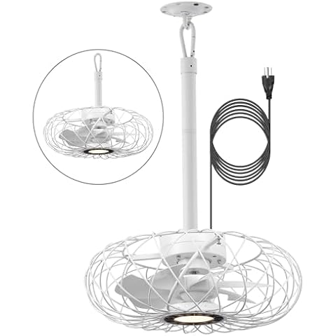 Miuyhji White Outdoor Ceiling Fans with LED Light, 15" Waterproof Gazebo Fan Plug in Caged Industrial Fandelier Ceiling Fan with Remote, 6 Speeds Adjustable Height Fan for Bedroom Living Room Pergola Cover