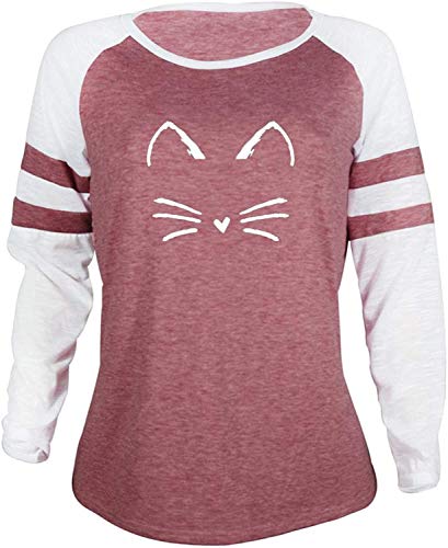 Futurino Women's Color Block Cat Print Sweatshirt Long Sleeve T Shirt Casual Top Blouse Green #TOP1