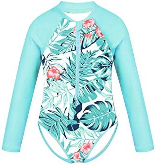 Nimiya Kids Girls One Piece Long Sleeve Zipper Front Rash Guard Shirt UPF 50+ Sun Protection Swimsuit Mint Green 12