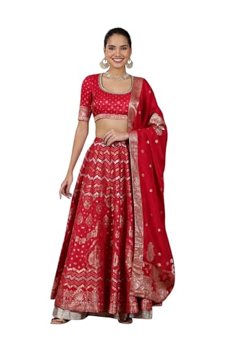 Maniche: corte Hot Pink Zari impreziosito crop top, gonna svasata broccato e set Dupatta, Rosa, Large