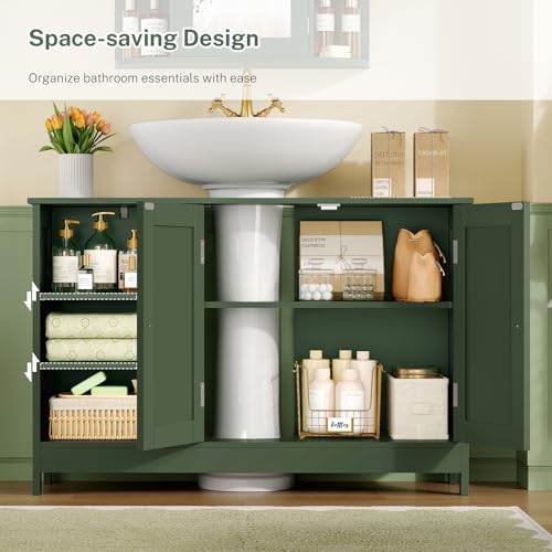 Image of TEENFON 35.4 inch Pedestal Sink Storage Cabinet with 2 Doors and Adjustable Shelves, Bathroom Sink Cabinet, Under Sink Storage with U-Shape Cut-Out, Green