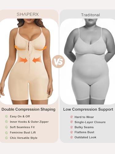 Image of SHAPERX Women's Shapewear Bodysuit Tummy Control Seamless Zip-Up Body Shaper Waist Defining Silhouette