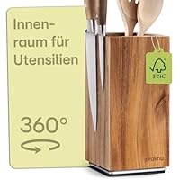 Praknu Messerblock Magnetisch 360° drehbar ohne Messer – FSC® Akazienholz mit Platz für Küchenutensilien – Beidseitiger starker Magnet – Rutschfest