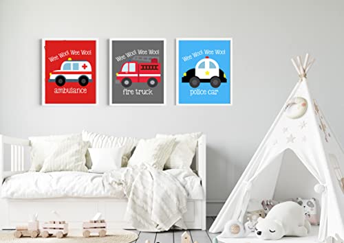 Silly Goose Gifts Emergency Vehicle Themed Art Prints Wall Decoration (Set Of Three) Fire Truck Police Car Ambulance #TOP1