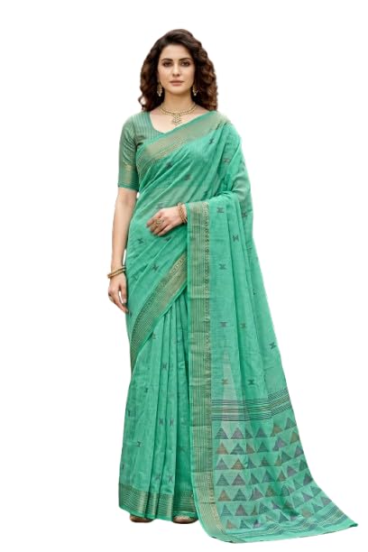 Mint Green Cotton Print Fresh Woven Work Traditional Saree-image-37