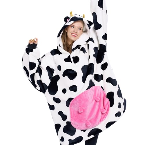 Image of Giggling Getup Wearable Blanket Hoodie for Women and Men Sherpa Fleece Hooded Blanket Sweatshirt Warm Cozy Sherpa Wearable Throw Oversized Hoodie with Giant Pocket & Sleeves for Adult Cow