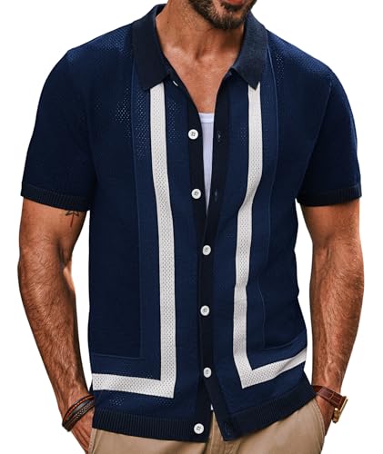 PJ PAUL JONES Polo Shirts for Men Short Sleeve Shirts Summer Retro 70s Knitwear Textured Knit 1970s Shirt Dark Blue L