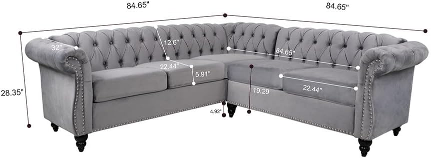 Miniatura 2 de RARZOE Chesterfield - Sofá modular en forma de L, sofá de terciopelo con botones profundos, brazo enrollado tapizado, sofá clásico Chesterfield para