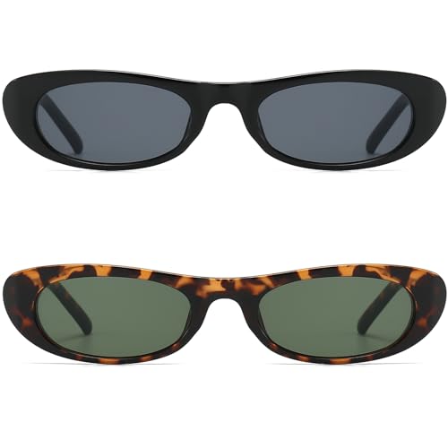 BRMHDY Elongated Narrow Cat Eye Sunglasses for Women 90s Retro Womens Oval Sunglasses Fashion Small Black Shades(Black/Grey+Tortoise/G15)