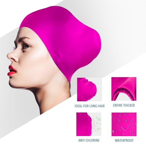 2 Pack Womens Silicone Swim Cap for Long Hair,3D Ergonomic Design Silicone Swimming Caps for Women Kids Men Adults Boys Girls with Ear Plug and Nose Clip(M)