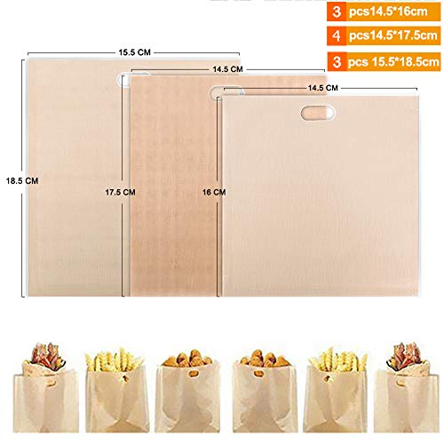 XREXS 10 Pack Reusable Non-Stick Toaster Bags, Teflon Coated Glass Fiber, Fold Top Closure, Brown, Washable, 100 Uses, Microwave, Oven, Grill, Sandwich, Pizza, Snacks