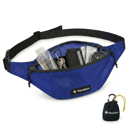 Image of Vavabox Extremely Lightweight Running Belt for Men Women, Fanny Pack Travel Bum Bag with 2 Zippers, Water-Resistant Waist Bag for Running Walking Hiking (Dark Blue)