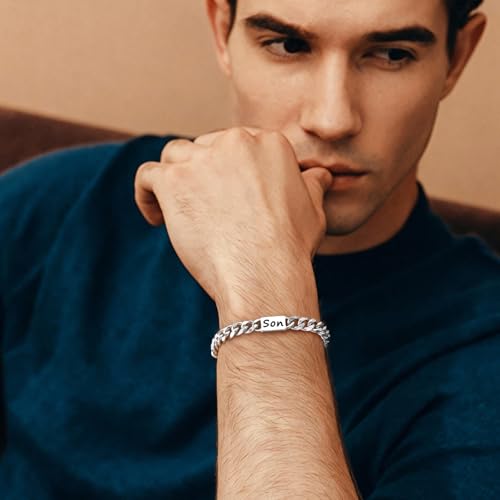 Stainless Steel Bracelet Gifts for Him Son - Silver Cuban Chain Link Men's Bracelet Gifts Classic Hip Hop Stacking Layered Birthday Christmas Anniversary Personalized Son Jewelry Gifts from Mom Dad - image 2