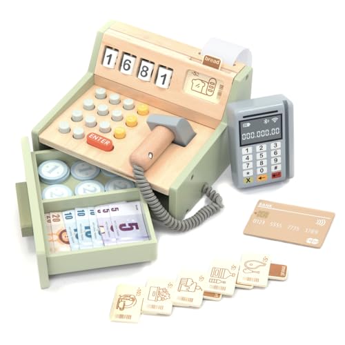 umu® Kinder Kasse aus Holz - inkl. Zubehör (Scanner, Zahlungsterminal,...