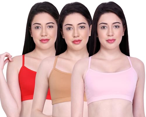 Image of INKURV Slip on Beginner's Bra for Girls, Non Padded, Non Wired, No Hooks with Double Layered Fabric, Adjustable Straps, Wirefree Sports Bra- Lisa Combo of 3