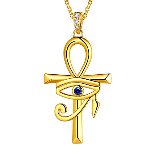 Jewmon Blue Eye von Horus Ankh Kreuz Anhänger Halskette für Männer und Frauen 925 Sterling Silber 18 Karat vergoldet Ancient Ankh Horus Auge von Ra Halskette Vintage Amulett Schmuck Geschenk FP0125Y Cover