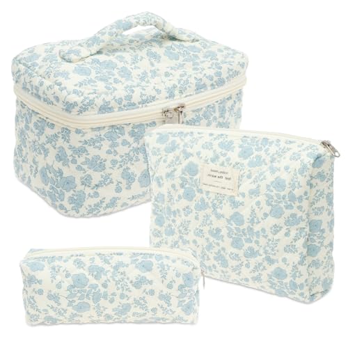 Harupink Juego de 3 neceseres de algodón para mujer, con diseño de flores, neceser portátil, neceser de maquillaje, neceser de maquillaje estético, bolsa de cosméticos, para el día a día y los viajes