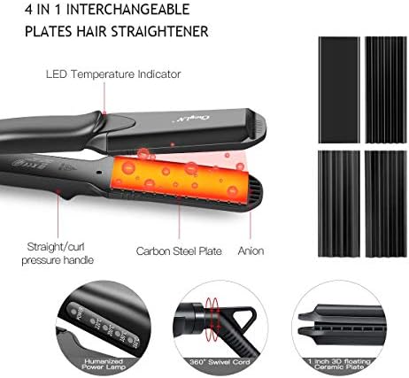 Hair Crimper, CkeyiN Professional Crimping Iron and Straighter with Heat Resistant Glove Adjustable Temperature Dual Voltage 4 Interchangeable Ceramic Plates (Black)