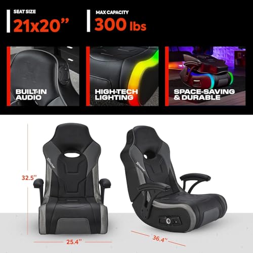 X Rocker G-Force RGB LED Video Gaming Floor Chair with Armrests, Built-in Audio via Wireless Bluetooth, Foldable, Vegan Leather, 300 lbs Max, Black, Gifts for Gamers