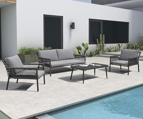 Image of 4 Seater Indoor Outdoor Rope Woven Patio Conversation Set Powder-Coated Iron Frame Handwoven Weaving Rope Modern Sofa for Balcony,Backyard,Living Room,Waterproof Furniture(Grey)