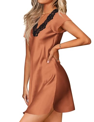 Image of Ekouaer Satin Nightgowns for Women Lace Nightgown Short Sleeve Nightshirt | Satin Night Gowns Women Sexy, Short Sleeves Night Dress, Lace V Neck, Above Knee Length, Cocktail Dates,Bridal Nightgowns