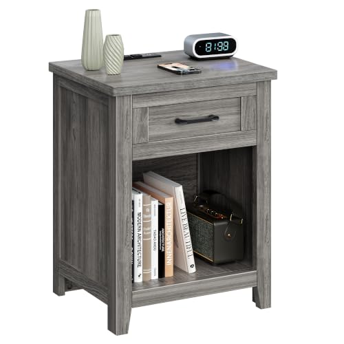 Decofy Farmhouse Nightstand with Charging Station, Grey Oak by Decofy - Used condition - US$58.69