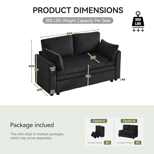 Image of 51 inch Sectional Loveseat Couches with Comfy Deep Dual-Layer Cushion, 2 Seater Couch, Modern Modular Love seat Sofa, Corduroy Sofas for Living Room, Apartment, Black