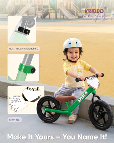 Image of KRIDDO Toddler Balance Bike 2 Year Old, Age 18 Months to 5 Years Old, 12 Inch Push Bicycle with Customize Plate (3 Sets of Stickers Included), Gift Bike for 2-3 Boys Girls, Green