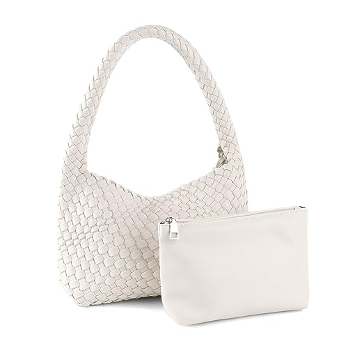 SLHFPX Handmade Woven Bag Women'S Shoulder Handbags Vegan Leather Tote Bag With Purses Woven Tote Bag For Woman Shoulder Bag Underarm Bag White