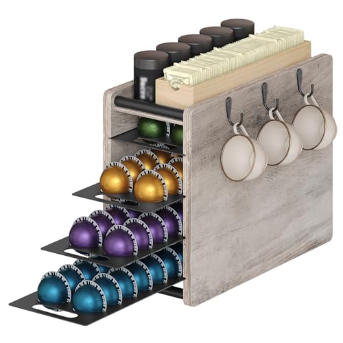 Image of YATINEY Coffee Pod Drawer Holder, 72 Pods Large Capacity, 4 Tier Holder for Vertuo, Coffee Pod Organizer for Countertop, Storage Rack for Nespresso Vertuo Pods, Space Saving, Greige KH06BG