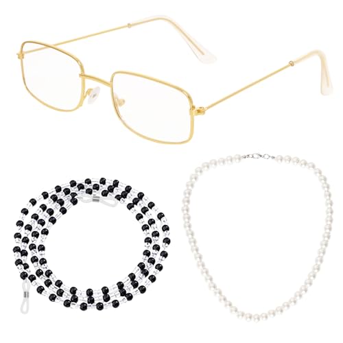 Gvhntk Old Lady Costume Grandma Cosplay Set Old Lady Glasses With Chain Pearl Bead Necklace Women Granny Grandma Accessories