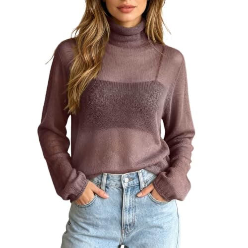 JiXiang Womens Turtleneck Sweater See Through Dressy Work Mesh Sheer Pullover Tops Lightweight Knitted Going Out Layer Blouse - image 2