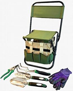 Garden Tool Set Organizer | Garden Seat Folding Stool Gardening Chair Kneeler with Backing | Gardener Bag | Gardening Tools Set | Top Gardening Gifts for Mom and Dad Includes Aluminum Tools