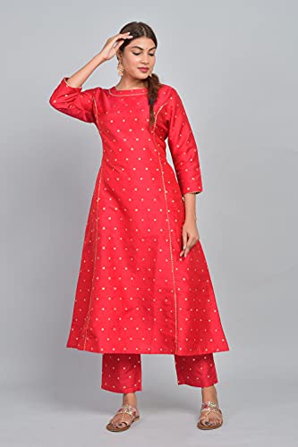 Image of Riara Art Silk Women Long Anarkali Kurti with Pant Polka Dot A-line Ladies Ethnic Wear Dress
