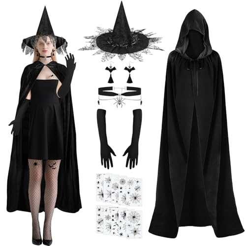 SelfTek Déguisement Sorcière Femme - 6 Pièces Costume Sorciere avec Chapeau, Cape, Longs Gants, Boucles D'oreille, Collier, Halloween Costume Femme Sorcière pour Carnaval, Cosplay