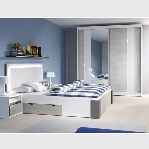 Hellios II - Chambre à Coucher Adulte Complète Avec lit 160x200 Avec Matelas, 2 Tables De Chevet, Armoire Avec Portes Coulissantes L:183 x H:218 x P:61 cm,...