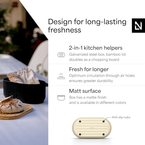 Image of LARS NYSOM Bread Box I Metal bread box for long lasting freshness with non-slip pads I Baked goods Bin with bamboo lid usable as cutting board I 13.6x7.3x6.2in (Almond Beige)