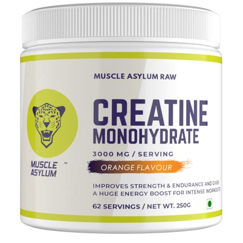 Image of Muscle Asylum Creatine Monohydrate Orange Flavour | 3000mg Creatine Per Serving | Pre Workout Supplement for Strength, Energy, Endurance & Muscle Recovery | Micronized Creatine Powder | 62 Servings | 250g