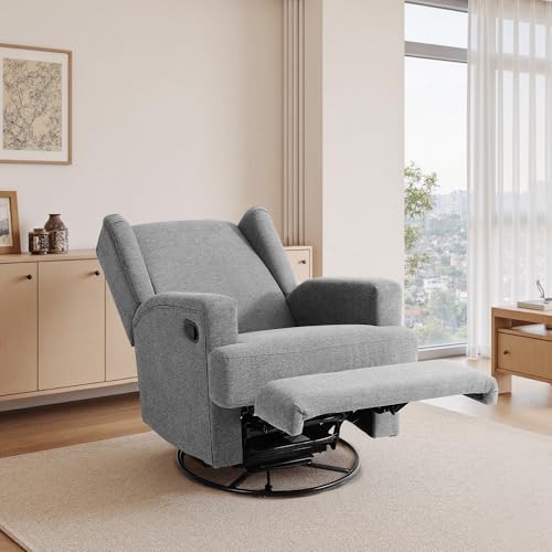 Image of Swivel Rocker Recliner Chair, 360 Swivel Wingback Recliner Chairs for Adults, Upholstered Glider Rocking Chair with High Back, Deep Seat for Living Romm Bedroom, Cotton Linen, Light Gray