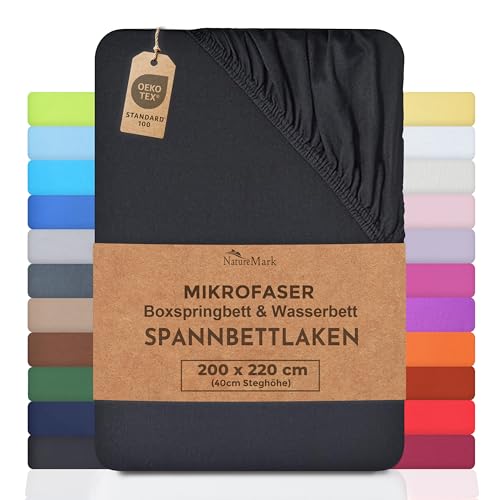 NatureMark Microfaser Boxspringbett & Wasserbett Spannbettlaken 200 x 220 cm - 40 cm Steghöhe - 200x220cm Spannbetttuch - 100% Polyester, Schwarz
